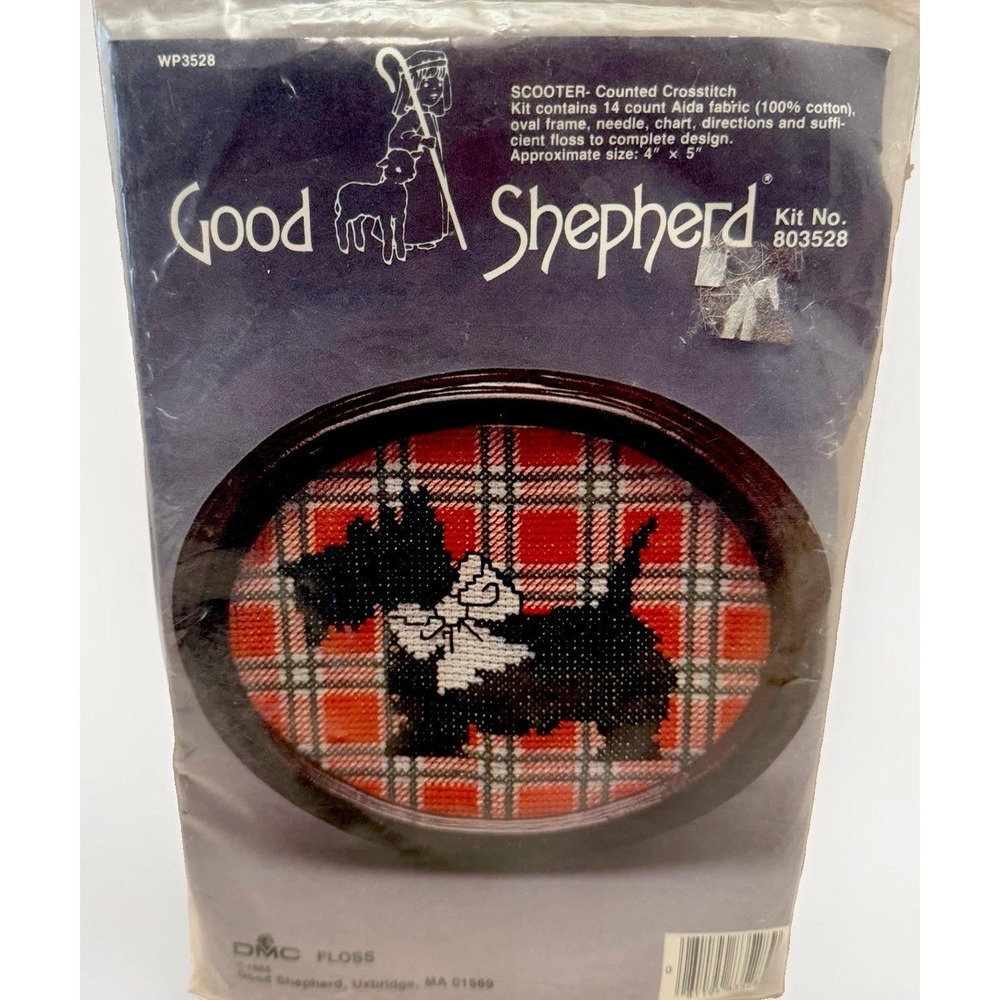 Vintage Scottie Dog Good Shepherd Cross Stitch Kit# 803528 Floss NOS Sealed Xmas